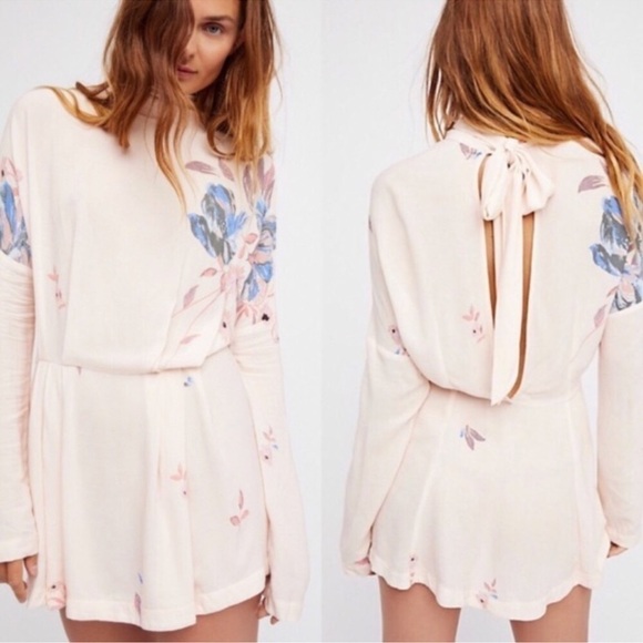 Free people Cream Floral Gemma tied back Tunic Festival mini Dress size XS - Picture 1 of 16